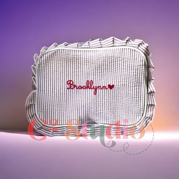 Personalized Makeup Bag with Monogram - Seersucker Toiletry Organizer, Custom Ruffle Cosmetic Bag - Unique Bridesmaid Gift