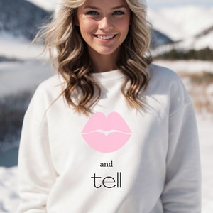 Pink lips kiss and tell sweatshirt, Valentines Day sweatshirt, Love, Sweatshirt, Valentines Day
