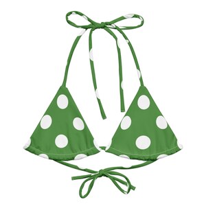 Fern Green/White Polka Dots Recycled String Bikini, Triangle Bikini Top, Swimwear Separates, Multi Ways To Tie
