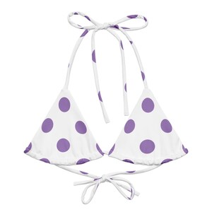White/Purple Polka Dots Recycled String Bikini, Triangle Bikini Top, Swimwear Separates, Multi Ways To Tie
