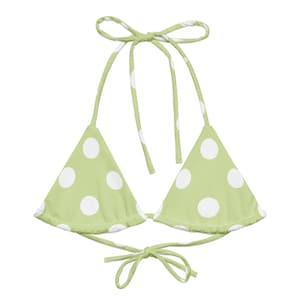 Light Green/White Polka Dots Recycled String Bikini, Triangle Bikini Top, Swimwear Separates, Multi Ways To Tie