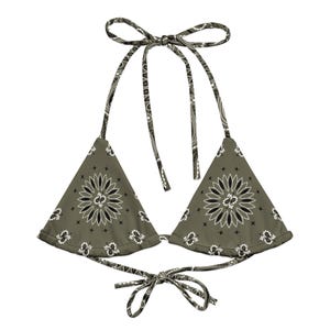 Khaki Green Bandana Recycled String Bikini Top, Triangle Bikini Top, Swimwear Separates, Multi Ways To Tie