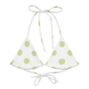 White/Light Green Polka Dots Recycled String Bikini, Triangle Bikini Top, Swimwear Separates, Multi Ways To Tie