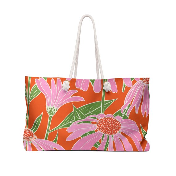 Pink and Green Floral Orange Weekender Bag, Floral Tote Bag