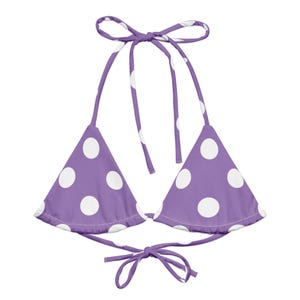 Purple/White Polka Dots Recycled String Bikini, Triangle Bikini Top, Swimwear Separates, Multi Ways To tie