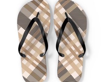 Tan plaid, Custom unisex flip flops, Gift, Mom gift, Mother&#39;s Day gift, Summer, Pool, Beach