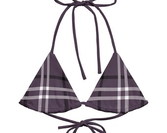 Plum Purple Plaid Recycled String bikini Top, Swimwear Separates, Multi Ways To Tie