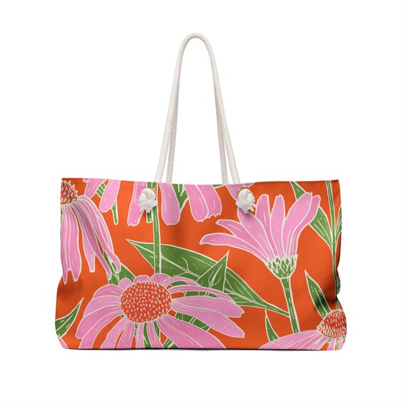 Pink and Green Floral Orange Weekender Bag, Floral Tote Bag