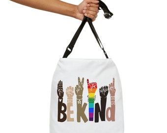 White Be kind adjustable tote bag, Unisex tote bag, Be kind, Be kind tote, Adjustable tote bag