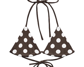Chocolate brown/White Polka Dots Recycled String Bikini, Triangle Bikini Top, Swimwear Separates