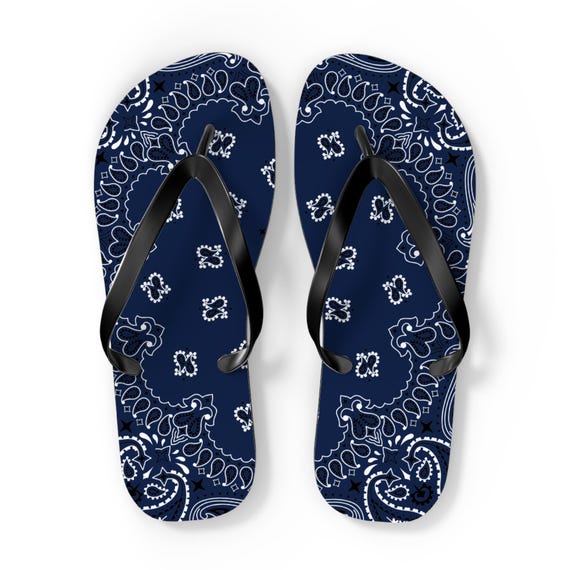 Navy Blue Bandana Flip Flops, Summer Beach Sandals, Tropical  display picture 3