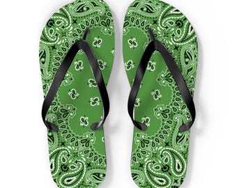 Fern Green Bandana Flip Flops, Summer Beach Sandals, Tropical Vacation Slippers, Boho Chic Footwear, Resort Wear Accessories