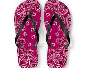 Raspberry Bandana Flip Flops, Summer Beach Sandals, Tropical Vacation Slippers, Boho Chic Footwear, Resort Wear Accessories