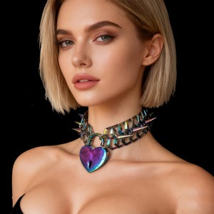 Personalisierte Name Schloss Halskette, individuell gravierte Regenbogen Chainmail Herz Spike Kragen Choker, Schmuck des Paares, Geschenk zum Valentinstag