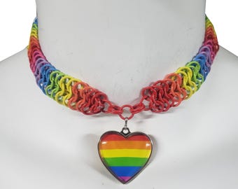 LGBTQ Pride Flag Necklace,Rainbow Heart Flag Charm Chainmail Choker, LGBTQIA+ Pride Month Gifts