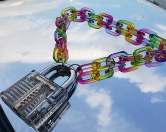 Rainbow Acrylic Chain Padlock Necklace,LGBT Pride Women Men Choker,Rave Choker Collar,Clear Transparent Padlock Charms