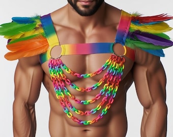 Pettorina arcobaleno LGBTQ Pride con spalline di piume, accessorio per spalle, abbigliamento per rave festival