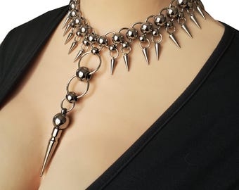 Stainless Steel Ball Chainmail  Necklace,Spike Pendant Necklace,Handmade jewelry goth grunge gift for her