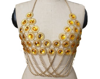 Gold Body Chain Bra Top,Rave Top Clothing Clothes Wear ,Burning Man Outfits,Carnival Costume, Festival Outfits,Pole Dance Wear