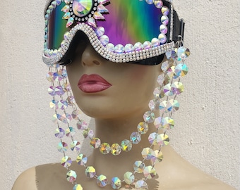 Burning man rave-bril met strassteentjes, Playa-bril, branderbril, stofbril, rave-accessoires, Halloween-kostuum musicalfestivalfeest