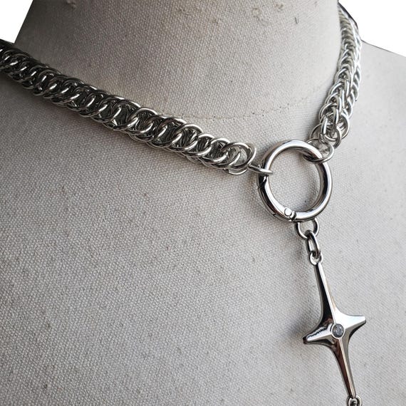 【chainmail】spike O-ring necklace grunge Chainmail Necklace With Flail Pendant,punk Rock Morning Star O