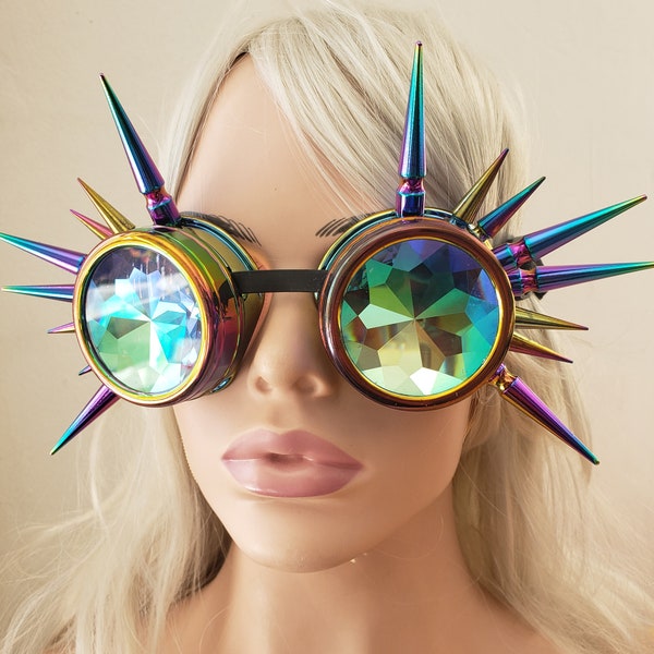 Rainbow Spike Steampunk  Goggles,Festival Kaleidoscope Lens Goggles, Rave Welding Cyber Punk Goth Dieselpunk Glasses