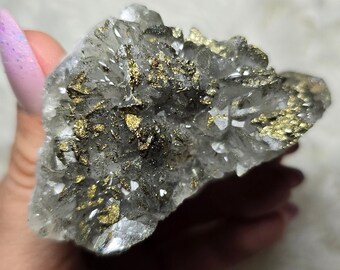 RARE Pyrite on Calcite, Chalcopyrite, Glitter inclusions, Pyrite Glitter Inside Calcite, golden shimmer, rhombohedral calcite shape