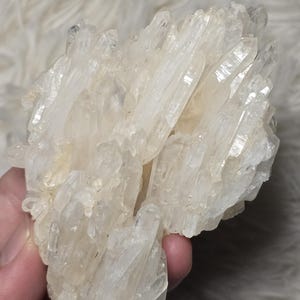 Puede incluir: Un grupo de cristales de cuarzo transparente con un tono amarillo pálido. Los cristales están muy juntos, formando una superficie rugosa y texturizada. El cuarzo es translúcido, permitiendo el paso de la luz. La forma general es irregular y natural.