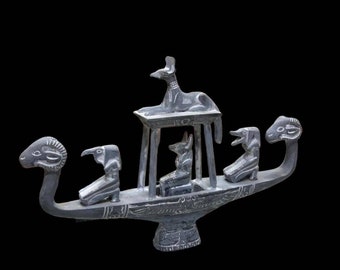 UNIQUE ANTIQUE ANCIENT Egyption  Boat Anubis with  anubis statue on top Hieroglyphic