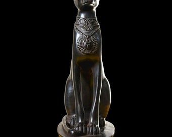 unique goddess Bastet cat large statue black, scarab on chest, symbols hieroglyphic inscriptions around the base made in Egypt