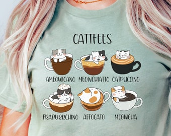コーヒー猫の面白いシャツ、キャットフィーズの猫好きTシャツ、コーヒー猫好きへのギフト、面白いかわいい猫のシャツ、かわいい猫のコーヒー、猫ママへのギフト