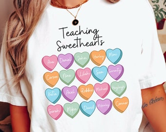 Custom Teacher Valentine Shirt with Student Names on Candy Hearts, Personalized Teacher V Day Crewneck T-Shirt, Teacher Gift Valentine