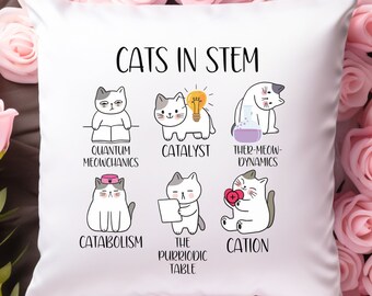 Cats in STEM Throw Pillow, Funny Science Cats, Scientist Cat Lover Decor, Cation, Catalyst, Science Cats Pillow, Cat Mom Gift