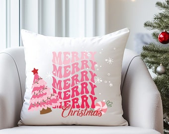 Pink Retro Groovy Christmas Vibes Throw Pillow, Christmas Pillow, Groovy Christmas, Pink Throw Pillow, Pink Winter Decor, Merry Christmas