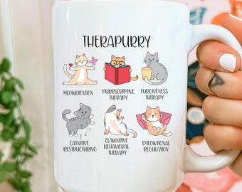 Therapie grappige kat mok, therapeut kattenliefhebber mok, Therapurry Cat woordspelingen, CGT, emotionele regulatie Geestelijke gezondheid kattenmok, kattenliefhebber mok cadeau