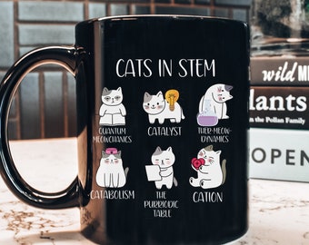 Koty w STEM Science Cat Czarny kubek, słodki zabawny miłośnik kotów naukowiec nauczyciel prezent, termodynamika, zabawny kubek kota nauczyciel nauk