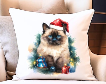 Cat Christmas Throw Pillow, Siamese Santa Cat Christmas Pillow, Cat Lover Holiday Decor, Meowy Christmas, Winter Decor, Beautiful Cat Pillow