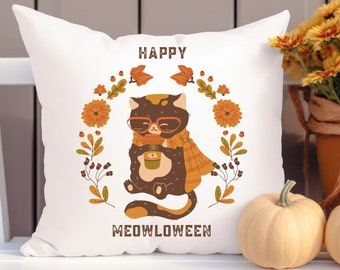 Happy Meowloween Katze Herbst Dekokissen, Hipster Katze Herbst Dekor, Herbst Dekor, Bauernhaus Kissen, Halloween Kissen, Katze Herbst Dekor