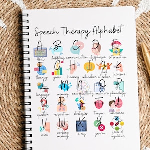 May include: A spiral-bound notebook with the title "Speech Therapy Alphabet" features colorful illustrations for each letter. The notebook is open to a page with the alphabet, each letter paired with a speech therapy term. A gold and black pen rests on the right.