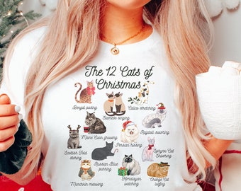 Christmas Cat Shirt, 12 Cats of Christmas, Funny Christmas Tee, Christmas Cats, Cat Lover Christmas Gift,Cat Holiday Present,Meowy Christmas