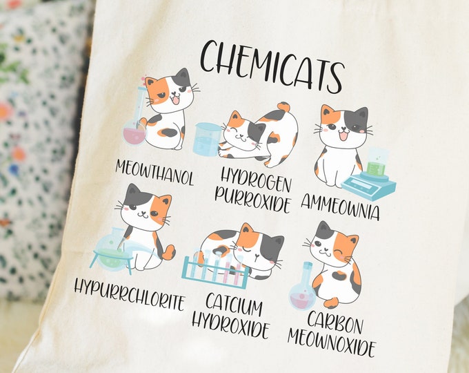 Chemistry Cat Science Lover Tote Bag, Cute Cat Mom Science Teacher Gift,Cats in Science, Science Funny Chemistry Cat Puns,Med Student Gift
