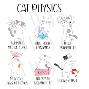 以下が含まれることがあります： 物理学の概念をそれぞれ表す、6匹の漫画の猫が登場する気まぐれなイラストです。「CAT PHYSICS」の文字が上部にあります。「Quantum Meowchanics」や「Meowgnetism」などの概念が含まれています。画像の下部には「PNG+SUBLIMATION+SVG」の文字が含まれています。
