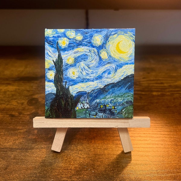 Handbemalte Mini-Van-Gogh-Sternennacht, klassisches Mini-Gemälde, Künstler-Studio-Schreibtisch-Dekor, Kunstliebhaber-Geschenk, Mini-Staffelei, Büro-Dekor, einzigartiges Dekor