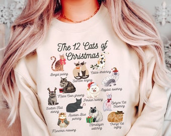 Sweat-shirt de Noël avec chat, 12 chats de Noël, miaou Noël, pull chat, cadeau pour amoureux des chats, sweat-shirt de vacances confortable, col rond de Noël