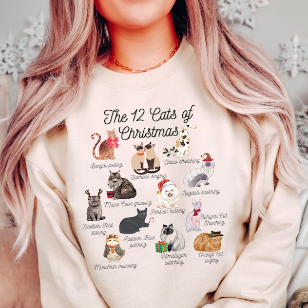 Sweat-shirt de Noël avec chat, 12 chats de Noël, miaou Noël, pull chat, cadeau pour amoureux des chats, sweat-shirt de vacances confortable, col rond de Noël