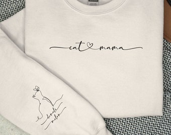Aangepaste Cat Mom Sweatshirt met kattennamen op de mouw, gepersonaliseerde Cat Mama Crewneck, gepersonaliseerde huisdiernamen, Cat Lover Gift, minimalistische kat
