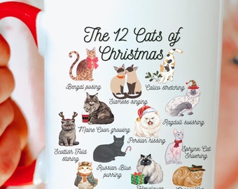 Mug 12 chats de Noël, jolies races de chats de Noël jeux de mots pour chats, amoureux des chats, maman chat, cadeau pour amoureux des chats, tasse rouge 12 races de chats