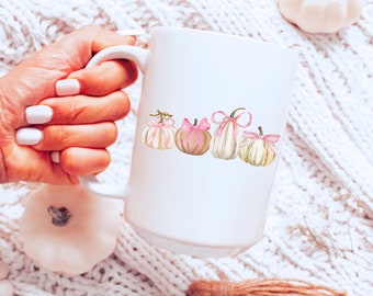 Fall Coquette Pumpkins Mug, Pink Bow Pumpkins Cozy Fall Mug Cute Girly Autumn Mug, Girl Fall Mug, Gift for Fall Lover, Festive Autumn Mug