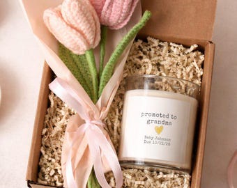 Anúncio de gravidez: Buquê de crochê personalizado para o Dia das Mães - Buquê de crochê para anúncio de novo bebê.