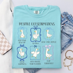 May include: A light blue t-shirt with the words "POSITIVE GOOSEFIRMATIONS" in black script. The shirt features six cartoon goose illustrations with positive affirmations like "Keep Your Beak Up" and "Flap Fabulously."